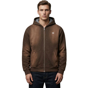 เสื้อฮู้ดผู้ชายปักเพชรทั้งตัว ผ้าฝ้ายฟลีซ ซิปหน้า สไตล์สตรีทแวร์ สีน้ำตาล ผลิตเสื้อผ้าจำนวนมาก - Product Image 1