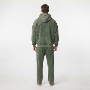 Conjunto de Sudadera con Capucha y Pantalones Deportivos para Hombre, Lavado Ácido, Cierre Completo, Hombros Caídos, Bolsillo Canguro, Elegante, Dos Piezas - Product Image 3