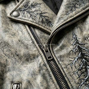Chaqueta de Cuero para Hombre con Estampado Personalizado, Estilo Motero, Color Gris Desgastado, Diseño de Esqueleto de Ciervo, Estilo Punk Rock, Ropa Urbana - Product Image 6