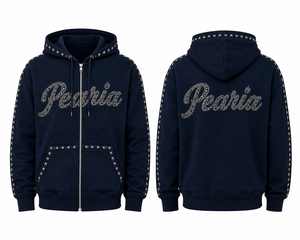 <b>Men's</b> Navy Solid Digital Printing Rhinestone Embroidered Hooded <b>Zip</b>-<b>Up</b> Pullover Hoodie Streetwear Fleece Winter - Product Image 5