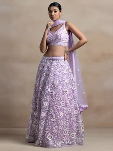 Purple Embroidered Floor-Length <b>Lehenga</b> Set Lace Dupatta Sleeveless Blouse <b>Skirt</b> Quick Dry Traditional Indian Outfit Wedding - Product Image 1