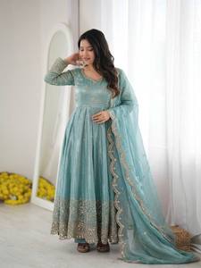 <b>Teal</b> Embroidered Silk Anarkali <b>Suit</b> With Dupatta Traditional Indian Pakistani <b>Women's</b> Floor-Length Wedding Dress Loose Fit - Product Image 2