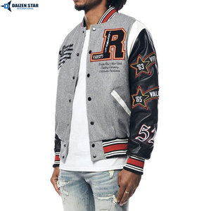 Men's Varsity Jacket Gray Black Sleeve Letter Embroidery Preppy Style Autumn Wear PU Material Patch Designs - Product Image 3