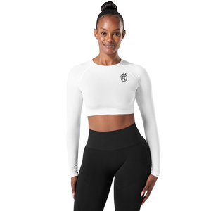 Womens Seamless <b>Long</b> <b>Sleeve</b> <b>White</b> Lightweight Sculpt Fit <b>Crop</b> <b>Top</b> for Gym Yoga Training Workout Athleisure Wear - Product Image 1