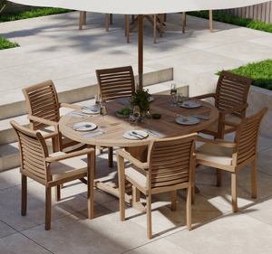 Ensemble de table à manger ronde d'extérieur en teck massif 6 places avec chaises à accoudoirs et trou pour parasol, finition naturelle, meubles de jardin et de terrasse - Product Image 1
