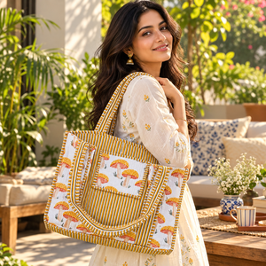 Sac fourre-tout matelassé en coton blanc et marron, imprimé champignons, pour femme, sac à bandoulière, sac de shopping réutilisable en tissu à ouverture supérieure - Product Image 1