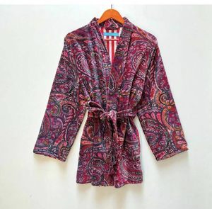 <b>Women</b> Soft <b>Velvet</b> Woven Kimono <b>Jacket</b> Floral Print Belted Robe Long Full Length Three Quarter Sleeve Summer Autumn Spring Winter - Product Image 1