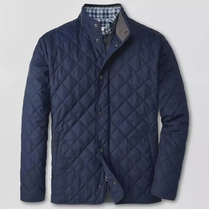 Men's Blue Color Suffolk Quilted Coat Puffer Jacket Fur Shell Waterproof Eco-Friendly Lightweight Mandarin Collar Harris Tweed - Product Image 1