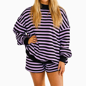 Blue Striped Oversized <b>Mock</b> <b>Neck</b> Sweatshirt Casual Long Sleeve Pullover Women Streetwear Cotton Fleece Wholesale Apparel - Product Image 6