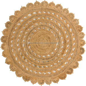 Handcrafted Round <b>Jute</b> Rug with Blue and Green Petal Motif Natural <b>Fiber</b> Floor Mat for Living Room Bedroom Entryway Decor 4 Feet - Product Image 4