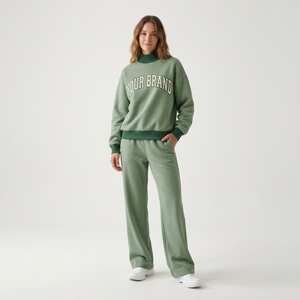 Conjunto de 2 Piezas para Mujer, Sudadera con Estampado de Letras en Felpa Verde Salvia y Pantalones Anchos de Corte Holgado - Product Image 3