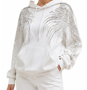 Sweat-shirt à capuche oversize blanc pour femme avec imprimé géométrique à paillettes, manches longues, en coton tricoté, pour l'automne - Product Image 3
