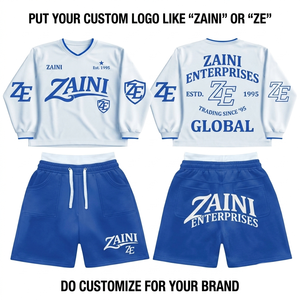 Ensemble court en molleton respirant à capuche 340 GSM de qualité supérieure, bleu et blanc, avec logo personnalisé, en mélange de coton, pour tenue décontractée - Product Image 1