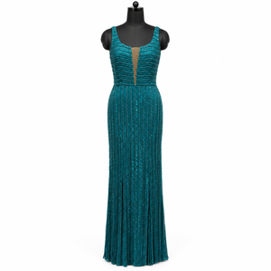 Vestido de noche con cuentas color verde azulado, sin mangas, escote pronunciado, largo hasta el suelo |   Vestido Formal con Adorno de Lentejuelas Verticales, Corte Columna - Product Image 1