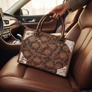 New Brown & White Color Hand Tooled Florals Carved 100% Genuine Leather Water Resistant <b>Lightweight</b> Tote Purse <b>Bag</b> For Daily Use - Product Image 2
