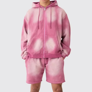 Ensemble short et sweat à capuche pour homme 100 % coton délavé à l'acide, tissu éponge 500 g/m², logo personnalisé, fermeture éclair, style streetwear - Product Image 2