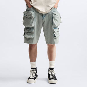 Pantalones Cortos de Mezclilla Cargo para Hombre, Corte Relajado, Lavados, con Múltiples Bolsillos, por Encima de la Rodilla, Frente Plano - Product Image 5