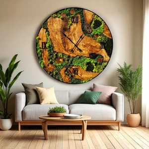 นาฬิกาแขวนผนังขนาดใหญ่ทำมือจากไม้มะกอกและมอส ตกแต่งด้วยงานศิลปะสีเขียวแบบชนบทพร้อมกรอบสีดำ - Product Image 5