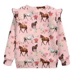 Sweat-shirts à manches longues à col rond et à épaules à volants avec motif cheval et fleurs pour enfants, avec manches évasées pour l'automne et l'hiver - Product Image 2