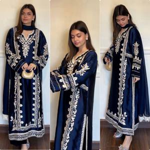 Satin Rayon Embroidered Long <b>Kaftan</b> <b>Top</b> Elastic Trousers Organza Lace Border Dupatta Three Piece Stitched Suit - Product Image 4