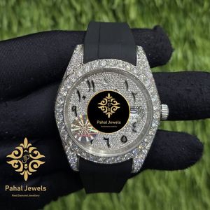 Montre Habillée à Cadran en Cristal Saphir Incrusté de Diamants, Mouvement à Quartz Analogique, Bracelet de 20 mm, Aiguilles Lumineuses, Boîtier Argenté, Bracelet Noir - Product Image 1