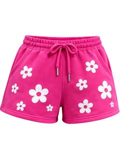 Shorts de Mujer con Estampado de Margaritas Rosa Intenso, Personalizados, de Algodón y Felpa, Casuales, de Verano, con Cintura Ajustable, Fabricante Personalizado, Ropa al Por Mayor - Product Image 1
