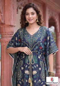 HitJem Export - Vestido Largo de Moda para Mujer, Estampado Azul, Cuello en V, Manga Larga, Estilo Kaftan - Product Image 6