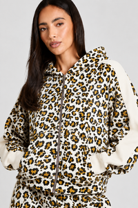 Sweat à capuche zippé en molleton pour femme, imprimé léopard blanc et jaune, style streetwear décontracté, personnalisable, pour l'hiver - Product Image 1