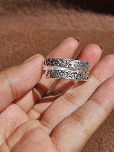 Bague en argent sterling 925 à double bande avec motif floral pour femme, bijoux en argent gravé, style minimaliste bohème chic, cadeau - Product Image 2
