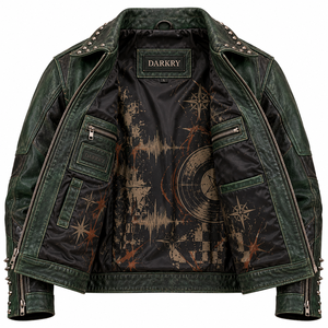 Blouson en cuir vert pour homme, style motard, effet vieilli, avec motifs graphiques DJ et punk, clouté et à pointes, production en gros OEM ODM sur mesure - Product Image 5
