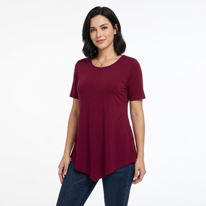 T-shirt décontracté pour femme, couleur unie, manches courtes, col rond, tricoté en polyester, UPF 50+, taille plus, bordeaux, coupe classique - Product Image 4