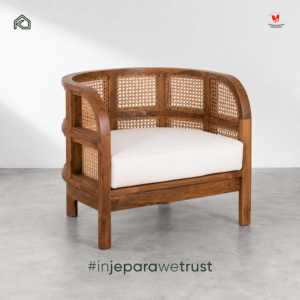 Modern Scandinavian Indonesian Teak Wood Rattan Armchair Upholstered Accent <b>Chair</b> for Living Room Home Furniture Hospitality - Product Image 1