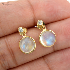 Pendientes Colgantes de Piedra Lunar Arcoíris de 8MM con Diamantes Incrustados en Bisel, Oro Amarillo Sólido de 14K, Pendientes Clásicos con Gemas para Fiesta - Product Image 4