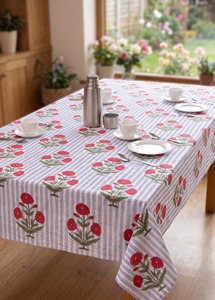 Hand Block Print Poppy Floral Stripe Print <b>Table</b> <b>Cover</b> Handmade Tablecloth <b>Dining</b> <b>Table</b> Linen Wholesale Supplier - Product Image 2