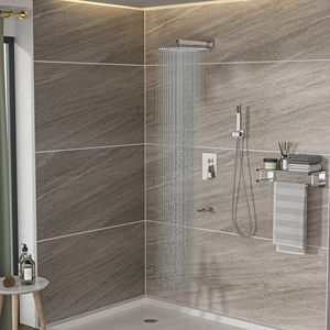 Il sistema doccia quadrata da 12 pollici a parete con beccuccio a vasca a cascata, nichel spazzolato, include Set Hardware per bagno di valvola ruvido - Product Image 1