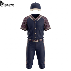 Kit d'uniforme de baseball personnalisé OEM, bleu marine foncé avec détails rayés bordeaux, comprenant un maillot boutonné, un pantalon et une casquette - Product Image 1