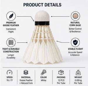 Volants de badminton Ganvox Global Premium Classe A en plumes d'oie, qualité tournoi, vitesse 77, 12 pièces en tube, pour le badminton - Product Image 2