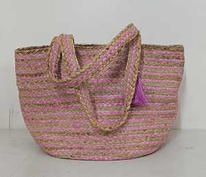 Sac cabas en paille rose rayé style bohème avec pompon, sac à main de plage décontracté pour femme, ouvert, léger, deux poignées - Product Image 1