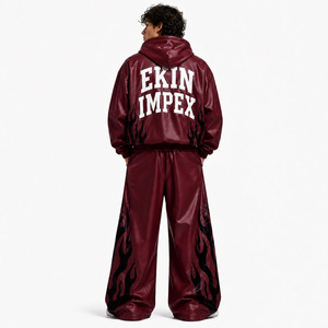 Wholesale Custom Front <b>Men</b> Unisex Burgundy Faux PU Leather Tracksuit Set Oversized Hooded Hoodie Wide Leg Pants Solid Pattern - Product Image 2