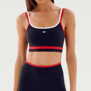 Sujetador deportivo para mujer, azul marino, con ribete en contraste, cuello redondo, tirantes finos, soporte medio, transpirable, top de fitness con logo frontal - Product Image 2