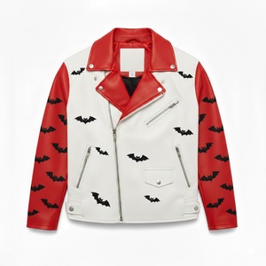 Chaqueta de Cuero Roja y Blanca Personalizada para Hombre, Estilo Motero, con Parche Bordado de Gato Vampiro y Murciélago, Ropa Urbana, Chaqueta de Moto, Venta al Por Mayor - Product Image 2
