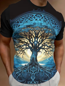 T-shirt à manches courtes pour homme, noir, col rond, avec motif arbre de vie bleu, impression par sublimation, coupe classique, décontracté, en polyester tissé - Product Image 4