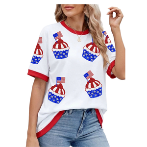 Pull-over surdimensionné respirant pour femme, à manches longues, avec patchwork printemps-été et épaules tombantes, idéal pour le 4 juillet - Product Image 1