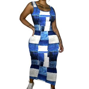 Robe longue côtelée sans manches pour femme, motif écossais bleu, moulante et sexy, en tissu extensible doux, style débardeur, tenue de club, décontractée et tendance - Product Image 4