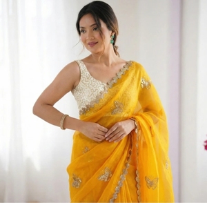 Sari de Mezcla de Seda Bordado y Adornado KV, Reversible, Sin Arrugas, Listo para Fiestas, Estilo Bollywood - Product Image 1