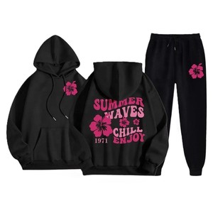 Ensemble sweat à capuche et pantalon de survêtement rose pour femme avec imprimé floral motif vagues estivales, coupe décontractée ample, manches longues, fermeture à cordon - Product Image 3
