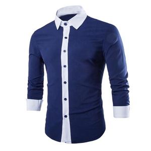 Camisa de algodón Lisa moderna para hombre, camisas de vestir de manga larga, camisas informales con botones y bolsillo ajustadas en contraste - Product Image 1