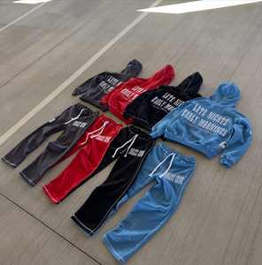 Custom Sweat Jogger Stacked Pants Set Chándales 2 Piezas Desgastado Bordado Sudadera con capucha y pantalones de chándal acampanados Conjuntos para los hombres - Product Image 1