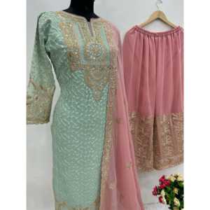 Conjuntos de traje de diseñador para mujer con bordado en la parte superior inferior y Dupatta - Product Image 4