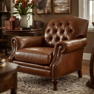 Fauteuil Chesterfield traditionnel en cuir marron, capitonné, avec accoudoirs roulés, pour salon - Product Image 2